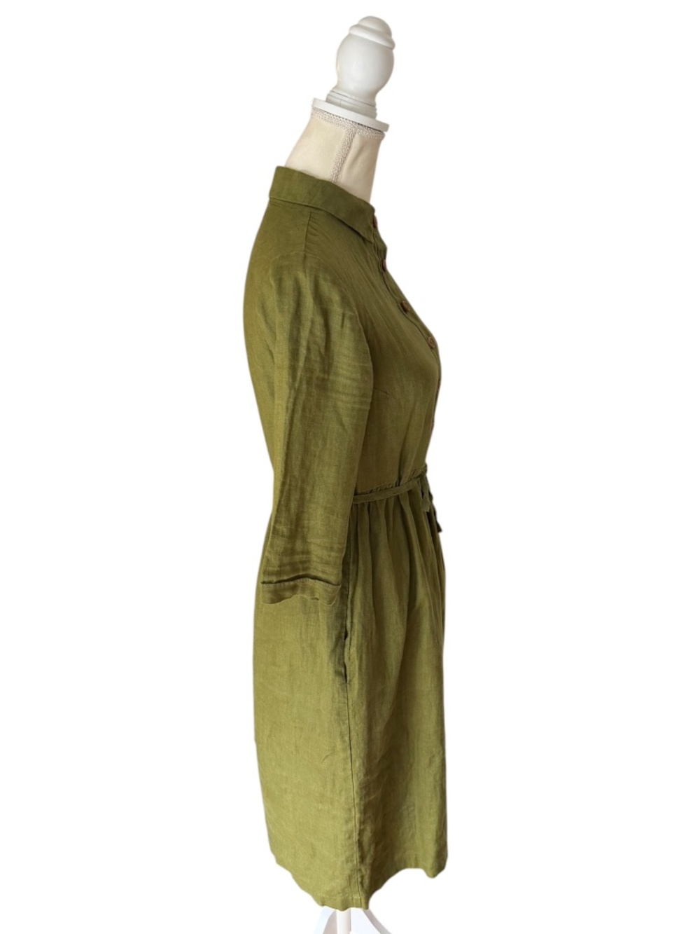 Pyne & Smith No.30 Linen Shirt Dress XS Sage Green Collared Midi Pockets - Picture 2 of 12